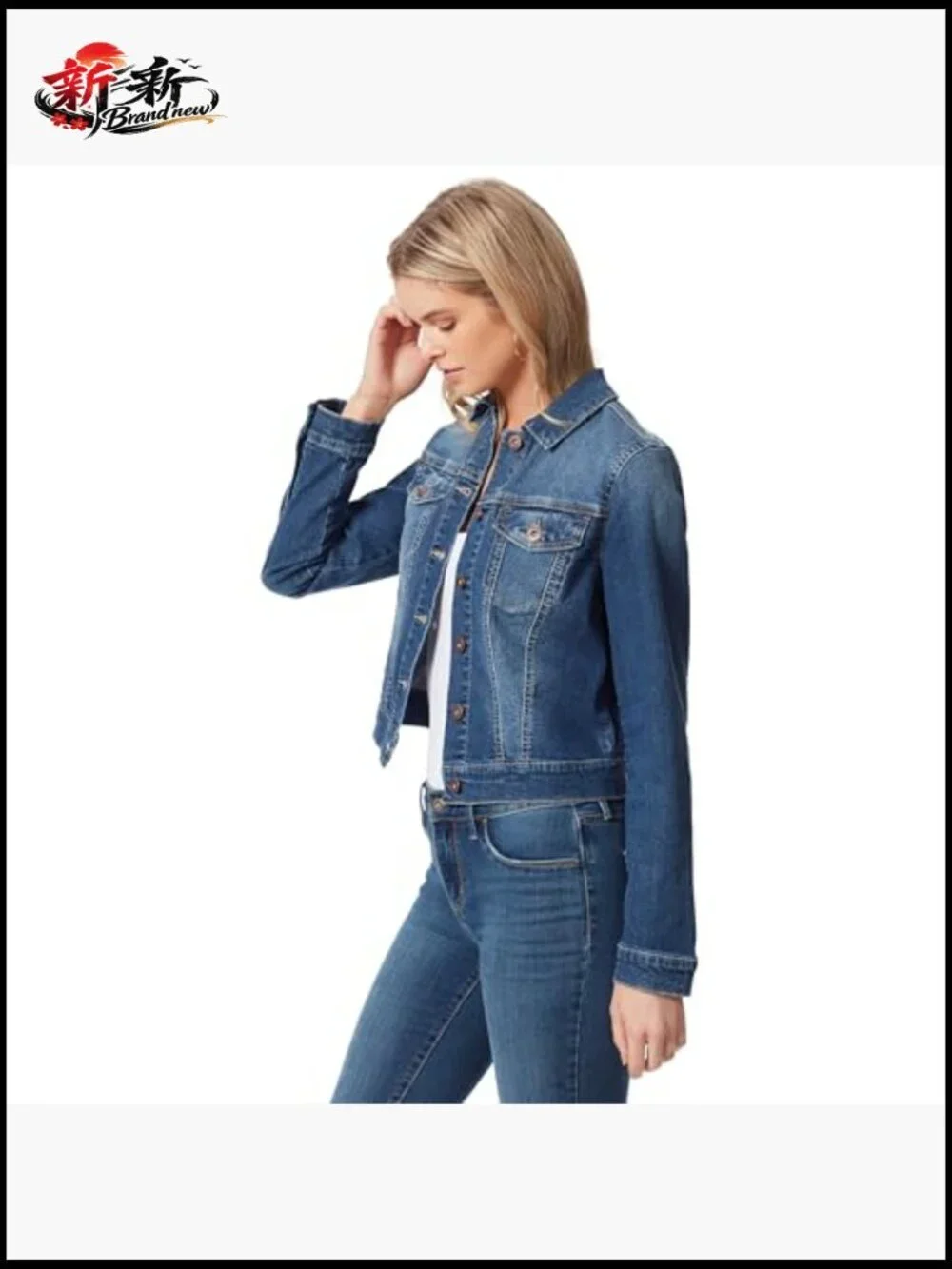 Crop Jean Jacket with Button Front, Chest Pockets, Long Sleeve